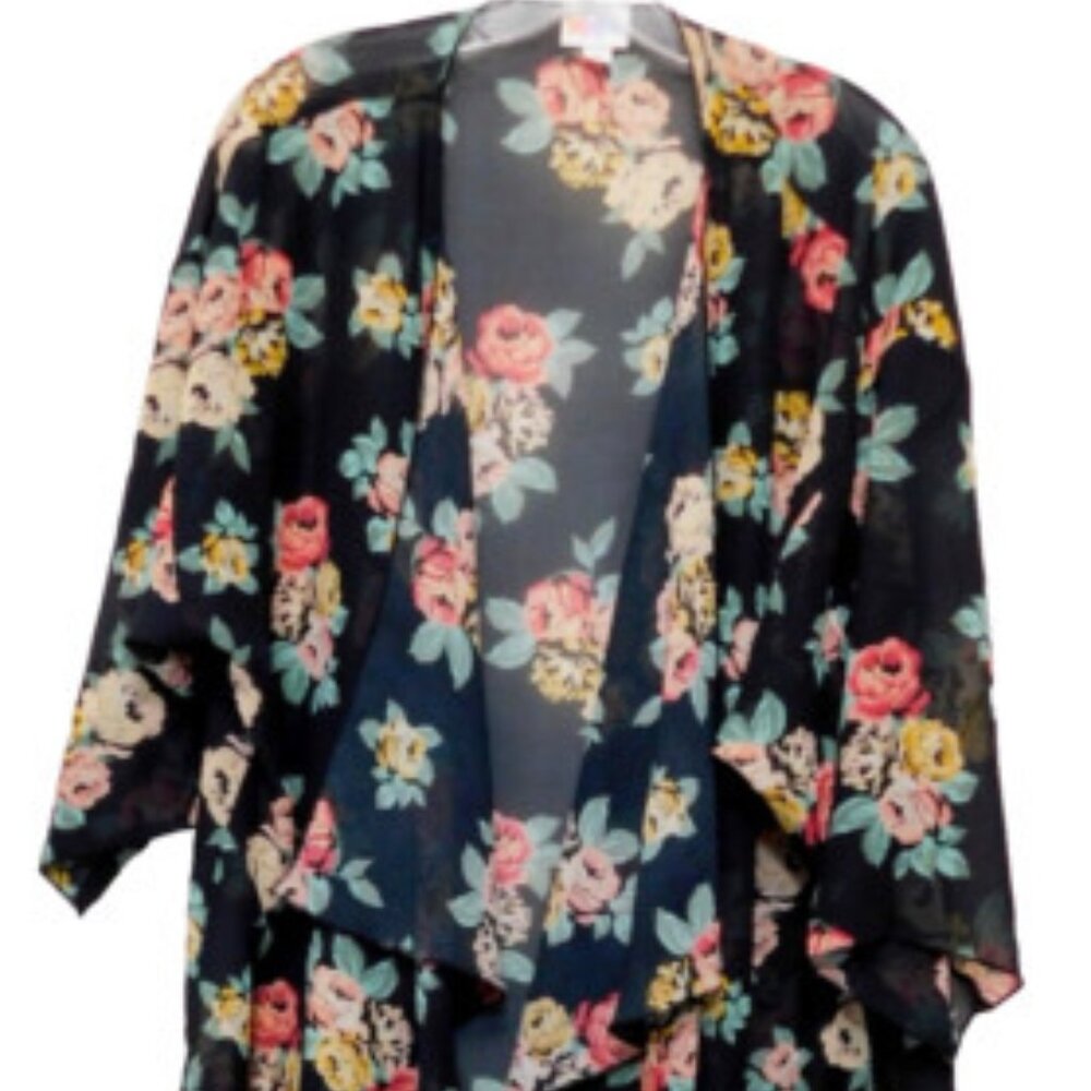 Kimono Style Duster Women Size L (fits up to 4X) Cardigan Black Floral
